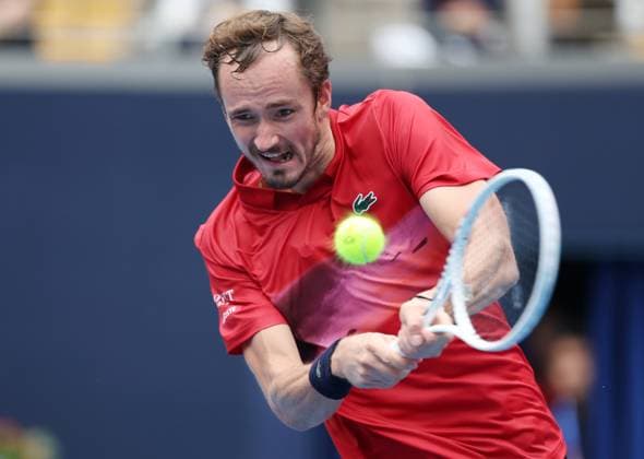 (240927) -- BEIJING, Sept. 27, 2024 -- Daniil Medvedev hits a return during the men s singles first round match between Daniil Medvedev of Russia and Gael Monfils of France at 2024 China Open tennis tournament in Beijing, capital of China, Sept. 27, 2024. ) (SP)CHINA-BEIJING-TENNIS-CHINA OPEN-MEN S SINGLES-FIRST ROUND (CN) ZhangxChenlin 