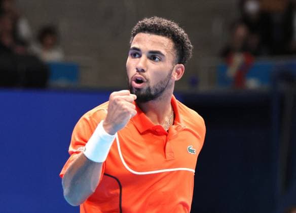 September 27, 2024, Tokyo, Japan - Arthur Fils of France clinches his fist as he won a key point against Matteo Berrettini of Italy at the second round match of the Japan Open Tennis championships at the Ariake Colosseum in Tokyo on Friday, September 27, 2024. Berrettini withdrew the game after the first set. (photo by Yoshio Tsunoda AFLO) Noxthirdxpartyxsales  (268009925)