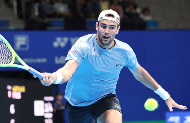 September 27, 2024, Tokyo, Japan - Matteo Berrettini of Italy retuens the ball against Arthur Fils of France at the second round match of the Japan Open Tennis championships at the Ariake Colosseum in Tokyo on Friday, September 27, 2024. Berrettini withdrew the game after the first set. (photo by Yoshio Tsunoda AFLO) Noxthirdxpartyxsales  (268009929)