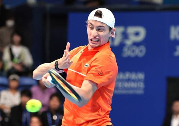 September 27, 2024, Tokyo, Japan - Ugo Humbert of France retuens the ball against Brandon Nakashima of the United States at the second round match of the Japan Open Tennis championships at the Ariake Colosseum in Tokyo on Friday, September 27, 2024. Berrettini withdrew the game after the first set. (photo by Yoshio Tsunoda AFLO) Noxthirdxpartyxsales  (268014470)