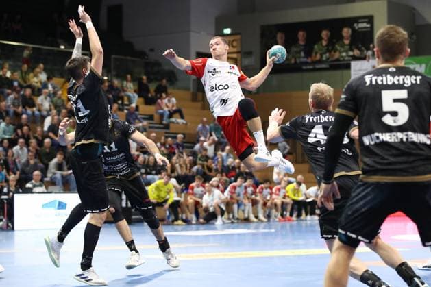 27 09 2024, xtgx, Handball 2 Bundesliga HC Elbflorenz Dresden HBW Balingen Weilstetten v l Jerome Mueller Müller, Balingen, 21 throws goal, Torschuetze, erzielt Tor, Treffer, scores the goal Dresden