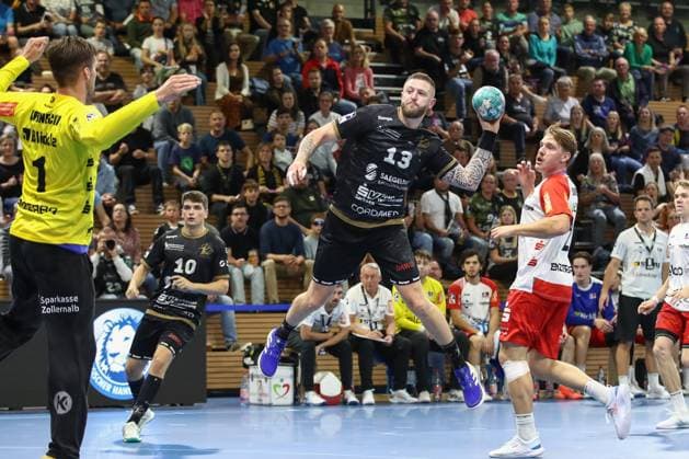 27 09 2024, xtgx, Handball 2 Bundesliga HC Elbflorenz Dresden HBW Balingen Weilstetten v l Mindaugas Dumcius Dresden, 13 throws goal, Torschuetze, erzielt Tor, Treffer, scores the goal Dresden