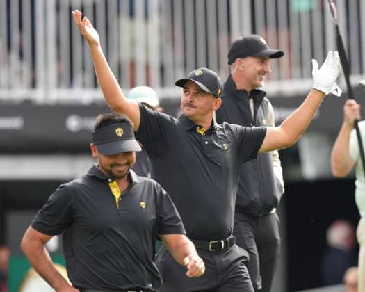 September 27, 2024, Montreal, Pq, Canada: International team member Christiaan Bezuidenhout of South Africa, pumps up the crowd after teeing off with partner International team member Jason Day of Australia, during second round foursome match at the Presidents Cup golf tournament at Royal Montreal Golf Club in Montreal, Friday, Sept. 27, 2024. Golf 2024: Presidents Cup: Round Two  - ZUMAc35_ 20240927_zaf_c35_029 Copyright: xNathanxDenettex