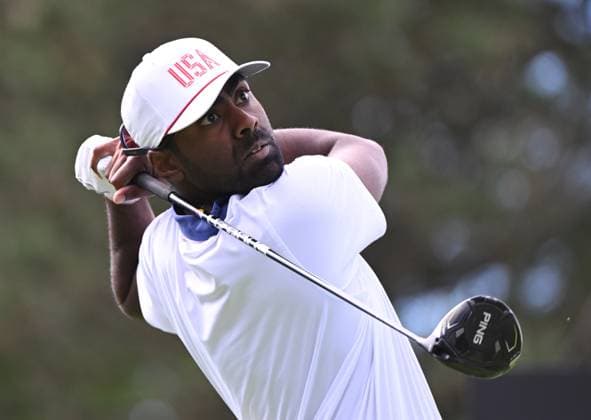 September 27, 2024, Montreal, Pq, Canada: United States team member Sahith Theegala tees off on the 3rd hole during second round foursome match at the Presidents Cup golf tournament at Royal Montreal Golf Club Friday, September 27, 2024 in Montreal. Golf 2024: Presidents Cup: Round Two  - ZUMAc35_ 20240927_zaf_c35_076 Copyright: xGrahamxHughesx