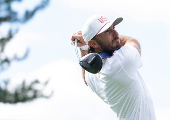 September 27, 2024, Montreal, Pq, CANADA: United States team member Max Homa tees off on the third hole during their second round foursome match at the Presidents Cup golf tournament at the Royal Montreal Golf Club, in Montreal, Friday, Sept. 27, 2024. Canada News - September 27, 2024  - ZUMAc35_ 20240927_zaf_c35_115 Copyright: xChristinnexMuschix