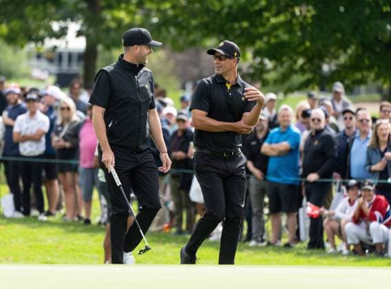 September 27, 2024, Montreal, Pq, CANADA: International team member Taylor Pendrith of Canada, left walks up the fairway with partner Adam Scott of Australia, on the first hole during their second round foursome match at the Presidents Cup golf tournament at the Royal Montreal Golf Club, in Montreal, Friday, Sept. 27, 2024. Canada News - September 27, 2024 - ZUMAc35_ 20240927_zaf_c35_107 Copyright: xChristinnexMuschix