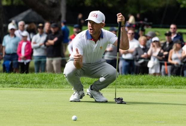 September 27, 2024, Montreal, Pq, CANADA: United States team member Brian Harman gestures as he lines his putt on the second hole during their second round foursome match at the Presidents Cup golf tournament at the Royal Montreal Golf Club, in Montreal, Friday, Sept. 27, 2024. Canada News - September 27, 2024  - ZUMAc35_ 20240927_zaf_c35_114 Copyright: xChristinnexMuschix
