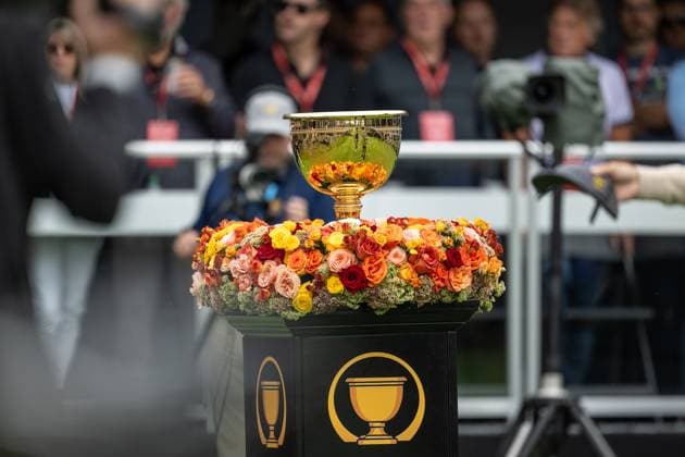 MONTREAL, QC - SEPTEMBER 27: The Presidents Cup in display at the first tee at the 2024 Presidents Cup on September 27, 2024 at The Royal Montreal Golf Club in Montreal, QC (Photo by Vincent Ethier Icon Sportswire) GOLF: SEP 27 Presidents Cup EDITORIAL USE ONLY Icon2409270124