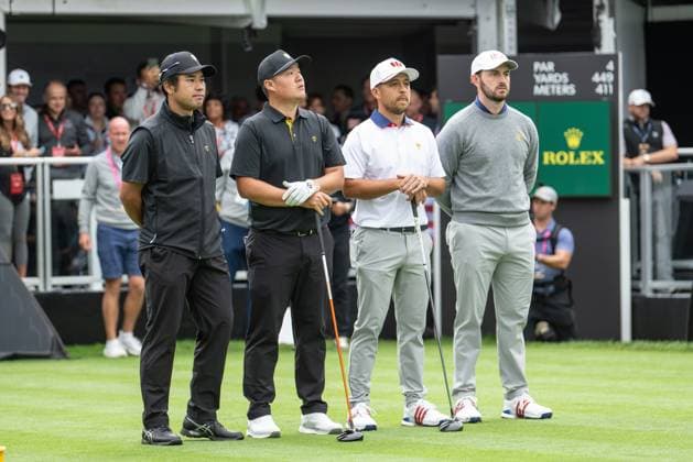MONTREAL, QC - SEPTEMBER 27: International Team golfers Hideki Matsuyama, Sungjae Im and Team USA golfers Xander Schauffele and teammate Patrick Cantlay at the first tee at the 2024 Presidents Cup on September 27, 2024 at The Royal Montreal Golf Club in Montreal, QC (Photo by Vincent Ethier Icon Sportswire) GOLF: SEP 27 Presidents Cup EDITORIAL USE ONLY Icon2409270304
