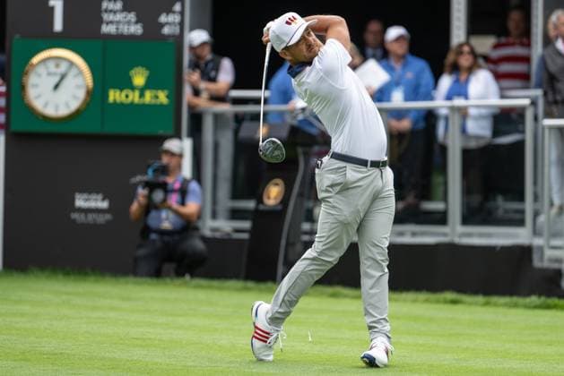 MONTREAL, QC - SEPTEMBER 27: Team USA golfer Xander Schauffele at the first tee at the 2024 Presidents Cup on September 27, 2024 at The Royal Montreal Golf Club in Montreal, QC (Photo by Vincent Ethier Icon Sportswire) GOLF: SEP 27 Presidents Cup EDITORIAL USE ONLY Icon2409270359