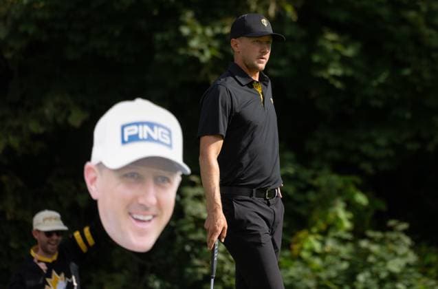 September 27, 2024, Montreal, Pq, CANADA: International team member Mackenzie Hughes of Canada, watches play on the fourth hole of their second round foursome match at the Presidents Cup golf tournament at the Royal Montreal Golf Club, in Montreal, Friday, Sept. 27, 2024. Canada News - September 27, 2024 - ZUMAc35_ 20240927_zaf_c35_124 Copyright: xChristinnexMuschix