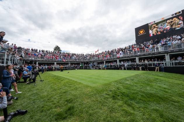 MONTREAL, QC - SEPTEMBER 27: General view of the first tee at the 2024 Presidents Cup on September 27, 2024 at The Royal Montreal Golf Club in Montreal, QC (Photo by Vincent Ethier Icon Sportswire) GOLF: SEP 27 Presidents Cup EDITORIAL USE ONLY Icon2409270467