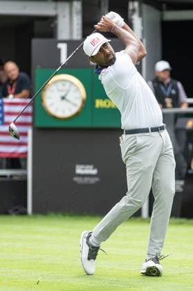 MONTREAL, QC - SEPTEMBER 27: Team USA golfer Sahith Theegala plays his shot from the first tee at the 2024 Presidents Cup on September 27, 2024 at The Royal Montreal Golf Club in Montreal, QC (Photo by Vincent Ethier Icon Sportswire) GOLF: SEP 27 Presidents Cup EDITORIAL USE ONLY Icon2409270515