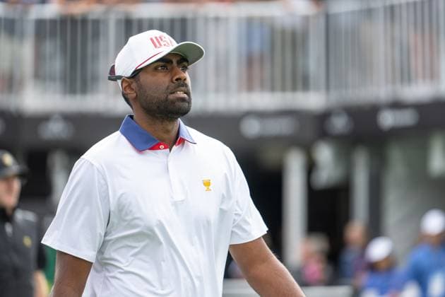 MONTREAL, QC - SEPTEMBER 27: Team USA golfer Sahith Theegala looks on at the 2024 Presidents Cup on September 27, 2024 at The Royal Montreal Golf Club in Montreal, QC (Photo by Vincent Ethier Icon Sportswire) GOLF: SEP 27 Presidents Cup EDITORIAL USE ONLY Icon2409270566