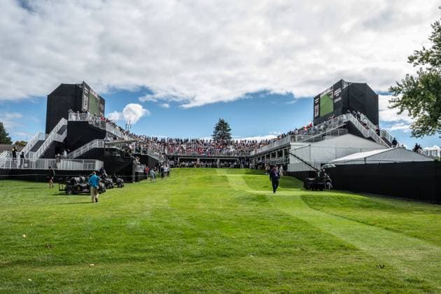 MONTREAL, QC - SEPTEMBER 27: General view of the first tee at the 2024 Presidents Cup on September 27, 2024 at The Royal Montreal Golf Club in Montreal, QC (Photo by Vincent Ethier Icon Sportswire) GOLF: SEP 27 Presidents Cup EDITORIAL USE ONLY Icon2409270648