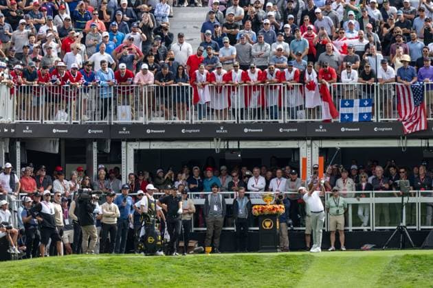 MONTREAL, QC - SEPTEMBER 27:Team USA golfer Max Homa plays his shot from the first tee at the 2024 Presidents Cup on September 27, 2024 at The Royal Montreal Golf Club in Montreal, QC (Photo by Vincent Ethier Icon Sportswire) GOLF: SEP 27 Presidents Cup EDITORIAL USE ONLY Icon2409270663