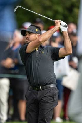 MONTREAL, QC - SEPTEMBER 27: International Team golfer Jason Day plays his shot from the fairway at the 2024 Presidents Cup on September 27, 2024 at The Royal Montreal Golf Club in Montreal, QC (Photo by Vincent Ethier Icon Sportswire) GOLF: SEP 27 Presidents Cup EDITORIAL USE ONLY Icon2409270719