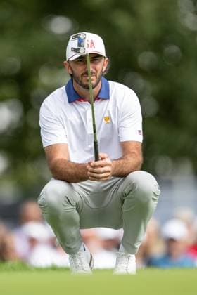 MONTREAL, QC - SEPTEMBER 27: Team USA golfer Max Homa on the first green at the 2024 Presidents Cup on September 27, 2024 at The Royal Montreal Golf Club in Montreal, QC (Photo by Vincent Ethier Icon Sportswire) GOLF: SEP 27 Presidents Cup EDITORIAL USE ONLY Icon2409270816