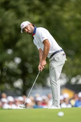 MONTREAL, QC - SEPTEMBER 27: Team USA golfer Max Homa on the first green at the 2024 Presidents Cup on September 27, 2024 at The Royal Montreal Golf Club in Montreal, QC (Photo by Vincent Ethier Icon Sportswire) GOLF: SEP 27 Presidents Cup EDITORIAL USE ONLY Icon2409270909