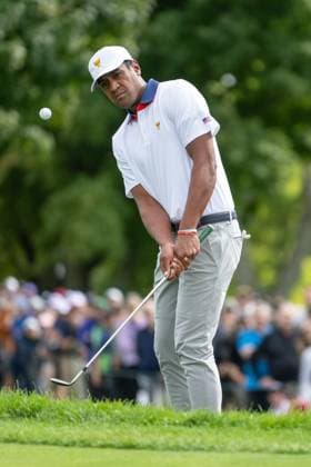 MONTREAL, QC - SEPTEMBER 27: Team USA golfer Tony Finau on the first green at the 2024 Presidents Cup on September 27, 2024 at The Royal Montreal Golf Club in Montreal, QC (Photo by Vincent Ethier Icon Sportswire) GOLF: SEP 27 Presidents Cup EDITORIAL USE ONLY Icon2409271365