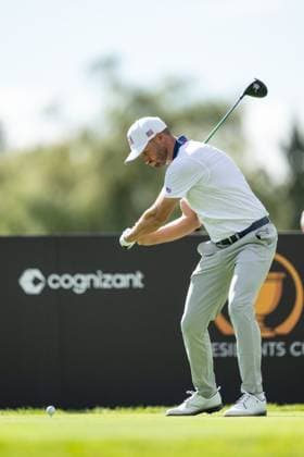 MONTREAL, QC - SEPTEMBER 27: Team USA golfer Wyndham Clark plays his shot from the second tee at the 2024 Presidents Cup on September 27, 2024 at The Royal Montreal Golf Club in Montreal, QC (Photo by Vincent Ethier Icon Sportswire) GOLF: SEP 27 Presidents Cup EDITORIAL USE ONLY Icon2409271579
