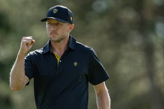 MONTREAL, QC - SEPTEMBER 27: International Team golfer Mackenzie Hughes reacts on the second green at the 2024 Presidents Cup on September 27, 2024 at The Royal Montreal Golf Club in Montreal, QC (Photo by Vincent Ethier Icon Sportswire) GOLF: SEP 27 Presidents Cup EDITORIAL USE ONLY Icon2409271864