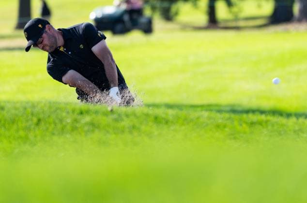 September 27, 2024, Montreal, Pq, CANADA: International team member Corey Conners of Canada, chips out of the bunker on the eighth hole of their second round foursome match at the Presidents Cup golf tournament at the Royal Montreal Golf Club, in Montreal, Friday, Sept. 27, 2024. Canada News - September 27, 2024 - ZUMAc35_ 20240927_zaf_c35_131 Copyright: xChristinnexMuschix