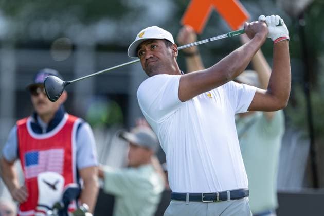 MONTREAL, QC - SEPTEMBER 27: Team USA golfer Tony Finau plays his shot from the third tee at the 2024 Presidents Cup on September 27, 2024 at The Royal Montreal Golf Club in Montreal, QC (Photo by Vincent Ethier Icon Sportswire) GOLF: SEP 27 Presidents Cup EDITORIAL USE ONLY Icon2409271970