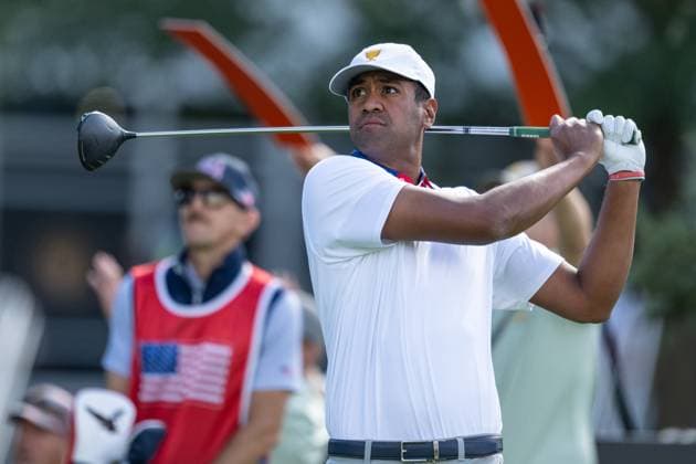 MONTREAL, QC - SEPTEMBER 27: Team USA golfer Tony Finau plays his shot from the third tee at the 2024 Presidents Cup on September 27, 2024 at The Royal Montreal Golf Club in Montreal, QC (Photo by Vincent Ethier Icon Sportswire) GOLF: SEP 27 Presidents Cup EDITORIAL USE ONLY Icon2409271998
