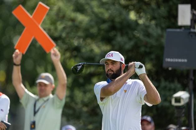 MONTREAL, QC - SEPTEMBER 27: Team USA golfer Scottie Scheffler plays his shot from the fourth tee at the 2024 Presidents Cup on September 27, 2024 at The Royal Montreal Golf Club in Montreal, QC (Photo by Vincent Ethier Icon Sportswire) GOLF: SEP 27 Presidents Cup EDITORIAL USE ONLY Icon2409272148