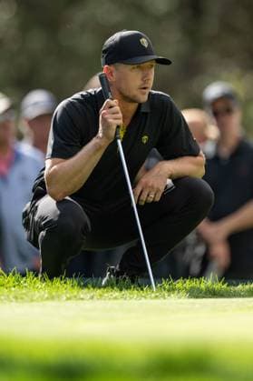 MONTREAL, QC - SEPTEMBER 27: International Team golfer Mackenzie Hughes on the fourth green at the 2024 Presidents Cup on September 27, 2024 at The Royal Montreal Golf Club in Montreal, QC (Photo by Vincent Ethier Icon Sportswire) GOLF: SEP 27 Presidents Cup EDITORIAL USE ONLY Icon2409272469