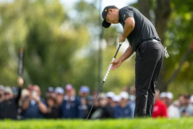 MONTREAL, QC - SEPTEMBER 27: International Team golfer Si Woo Kim on the fifth green at the 2024 Presidents Cup on September 27, 2024 at The Royal Montreal Golf Club in Montreal, QC (Photo by Vincent Ethier Icon Sportswire) GOLF: SEP 27 Presidents Cup EDITORIAL USE ONLY Icon2409273037