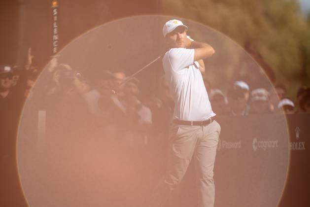 MONTREAL, QC - SEPTEMBER 27: Team USA golfer Russell Henley plays his shot from the sixth tee at the 2024 Presidents Cup on September 27, 2024 at The Royal Montreal Golf Club in Montreal, QC (Photo by Vincent Ethier Icon Sportswire) GOLF: SEP 27 Presidents Cup EDITORIAL USE ONLY Icon2409273177