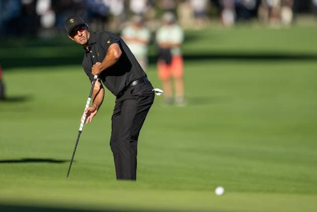 MONTREAL, QC - SEPTEMBER 27: International Team golfer Adam Scott on the 14th green at the 2024 Presidents Cup on September 27, 2024 at The Royal Montreal Golf Club in Montreal, QC (Photo by Vincent Ethier Icon Sportswire) GOLF: SEP 27 Presidents Cup EDITORIAL USE ONLY Icon2409273491