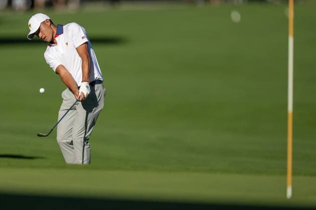 MONTREAL, QC - SEPTEMBER 27: Team USA golfer Collin Morikawa on the 14th green at the 2024 Presidents Cup on September 27, 2024 at The Royal Montreal Golf Club in Montreal, QC (Photo by Vincent Ethier Icon Sportswire) GOLF: SEP 27 Presidents Cup EDITORIAL USE ONLY Icon2409273606