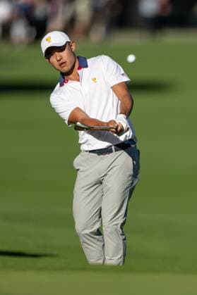 MONTREAL, QC - SEPTEMBER 27: Team USA golfer Collin Morikawa on the 14th green at the 2024 Presidents Cup on September 27, 2024 at The Royal Montreal Golf Club in Montreal, QC (Photo by Vincent Ethier Icon Sportswire) GOLF: SEP 27 Presidents Cup EDITORIAL USE ONLY Icon2409273614