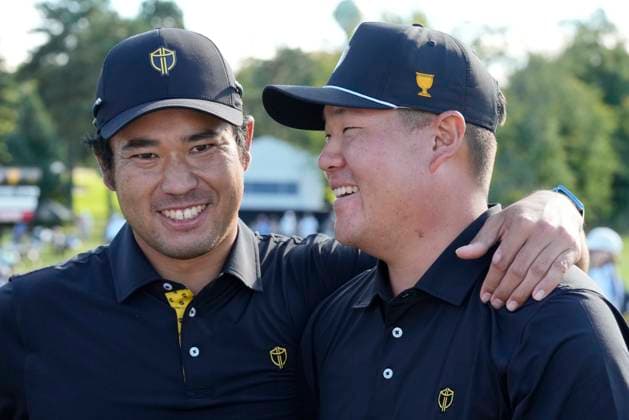 September 27, 2024, Montreal, Pq, Canada: International team member Hideki Matsuyama of Japan, left, and partner Sungjae Im of South Korea, celebrate after winning their second round foursome match at the Presidents Cup golf tournament at Royal Montreal Golf Club Friday, September 27, 2024 in Montreal. Hideki Matsuyama, Sungjae Im - ZUMAc35_ 20240927_zaf_c35_145 Copyright: xFrankxGunnx