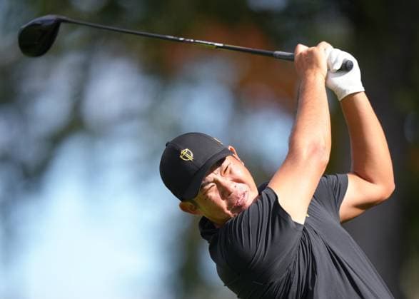 September 27, 2024, Montreal, Pq, Canada: International team member Byeong Hun An of South Korea, tees off on the 6th hole during second round foursome match at the Presidents Cup golf tournament at Royal Montreal Golf Club Friday, September 27, 2024 in Montreal. Byeong Hun An  - ZUMAc35_ 20240927_zaf_c35_146 Copyright: xNathanxDenettex