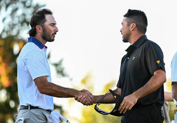 September 27, 2024, Montreal, Pq, Canada: International team member Jason Day of Australia, right, shakes hands with United States team member Max Homa following their second round foursome match at the Presidents Cup golf tournament at the Royal Montreal Golf Club in Montreal, Friday, Sept. 27, 2024. Max Homa, Jason Day, - ZUMAc35_ 20240927_zaf_c35_176 Copyright: xGrahamxHughesx
