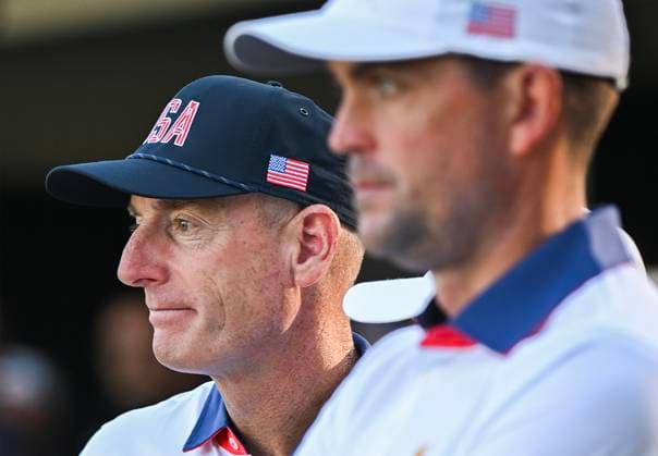 September 27, 2024, Montreal, Pq, Canada: United States team captain Jim Furyk, left, and player Keegan Bradley look on at the 15th green during they second round foursome matches at the Presidents Cup golf tournament at the Royal Montreal Golf Club in Montreal, Friday, Sept. 27, 2024. Jim Furyk, Keegan Bradley, - ZUMAc35_ 20240927_zaf_c35_183 Copyright: xGrahamxHughesx