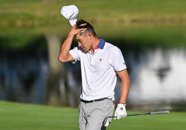 September 27, 2024, Montreal, Pq, Canada: United States team member Collin Morikawa reacts after playing a shot to the 14th green during their second round foursome match at the Presidents Cup golf tournament at the Royal Montreal Golf Club in Montreal, Friday, Sept. 27, 2024. Collin Morikawa,  - ZUMAc35_ 20240927_zaf_c35_206 Copyright: xGrahamxHughesx