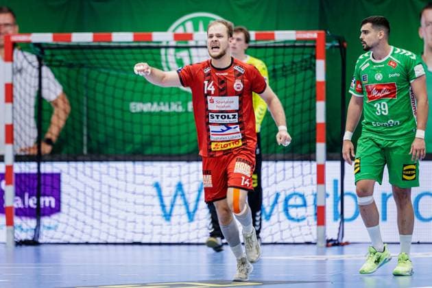 Paul Skorupa VfL Luebeck Schwartau, 14 celebrates after scoring goal GER, GWD Minden vs VfL Luebeck Schwartau, Handball, 2 Bundesliga, Matchday 4, Season 2024 2025, 27 09 2024 GER, GWD Minden vs VfL Luebeck Schwartau, Handball, 2 Bundesliga, Matchday 4, Season 2024 2025, 27 09 2024 Luebbecke Copyright: xEibner-Pressefotox xJanxRollingerx EP_JSK