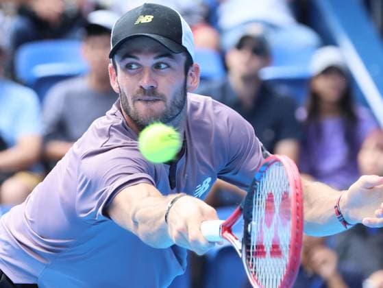 September 28, 2024, Tokyo, Japan - Tommy Paul of the United States retuens the ball against Tomas Machac of Czech Republic at the second round match of the Japan Open Tennis championships at the Ariake Colosseum in Tokyo on Saturday, September 28, 2024. (photo by Yoshio Tsunoda AFLO) Noxthirdxpartyxsales  (0765325291st)