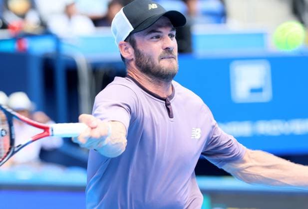 September 28, 2024, Tokyo, Japan - Tommy Paul of the United States retuens the ball against Tomas Machac of Czech Republic at the second round match of the Japan Open Tennis championships at the Ariake Colosseum in Tokyo on Saturday, September 28, 2024. (photo by Yoshio Tsunoda AFLO) Noxthirdxpartyxsales  (0765325481st)