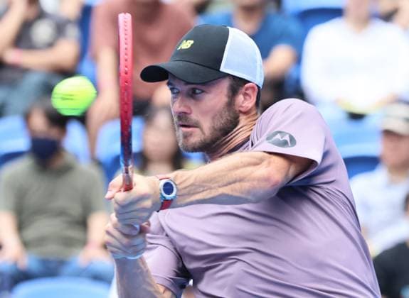 September 28, 2024, Tokyo, Japan - Tommy Paul of the United States retuens the ball against Tomas Machac of Czech Republic at the second round match of the Japan Open Tennis championships at the Ariake Colosseum in Tokyo on Saturday, September 28, 2024. (photo by Yoshio Tsunoda AFLO) Noxthirdxpartyxsales  (0765325486st)