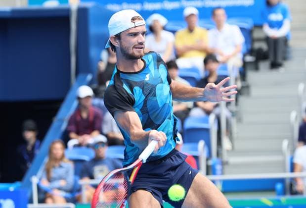 September 28, 2024, Tokyo, Japan - Tomas Machac of Czech Republic retuens the ball against Tommy Paul of the United States at the second round match of the Japan Open Tennis championships at the Ariake Colosseum in Tokyo on Saturday, September 28, 2024. (photo by Yoshio Tsunoda AFLO) Noxthirdxpartyxsales  (0765325503st)