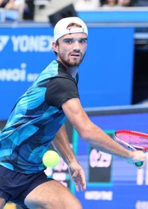 September 28, 2024, Tokyo, Japan - Tomas Machac of Czech Republic retuens the ball against Tommy Paul of the United States at the second round match of the Japan Open Tennis championships at the Ariake Colosseum in Tokyo on Saturday, September 28, 2024. (photo by Yoshio Tsunoda AFLO) Noxthirdxpartyxsales  (0765325507st)