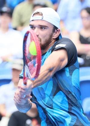September 28, 2024, Tokyo, Japan - Tomas Machac of Czech Republic retuens the ball against Tommy Paul of the United States at the second round match of the Japan Open Tennis championships at the Ariake Colosseum in Tokyo on Saturday, September 28, 2024. (photo by Yoshio Tsunoda AFLO) Noxthirdxpartyxsales  (0765325509st)