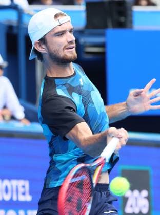 September 28, 2024, Tokyo, Japan - Tomas Machac of Czech Republic retuens the ball against Tommy Paul of the United States at the second round match of the Japan Open Tennis championships at the Ariake Colosseum in Tokyo on Saturday, September 28, 2024. (photo by Yoshio Tsunoda AFLO) Noxthirdxpartyxsales  (0765325519st)