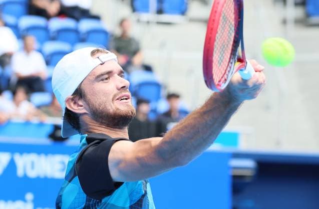 September 28, 2024, Tokyo, Japan - Tomas Machac of Czech Republic retuens the ball against Tommy Paul of the United States at the second round match of the Japan Open Tennis championships at the Ariake Colosseum in Tokyo on Saturday, September 28, 2024. (photo by Yoshio Tsunoda AFLO) Noxthirdxpartyxsales  (0765325520st)